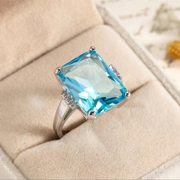 Silver 925 Plated Rectangle Aquamarine Ring - Picture 1 of 10